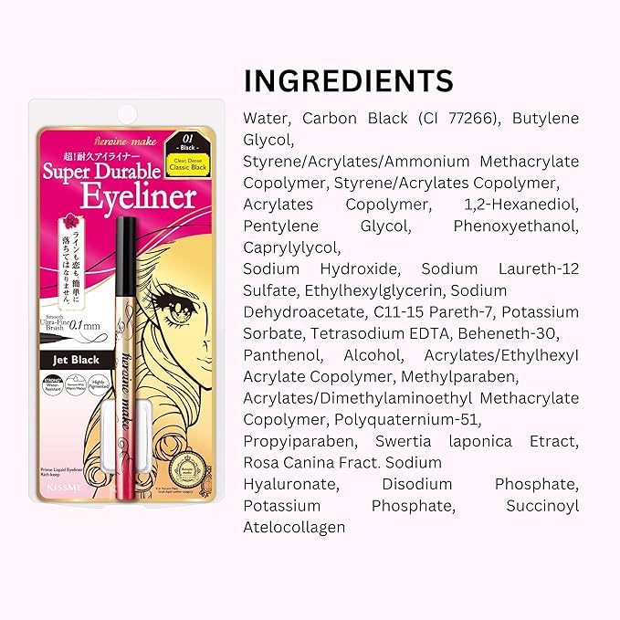 HEROINE MAKE by KISSME Waterproof Eyeliner for Intense Color & Ultra-Fine 0.1mm Tip, Liquid Eyeliner Pen with Organic Beauty Serum, Cat Eye Liner for Long Lasting Dramatic Lines, Jet Black 1 EA, PRIME