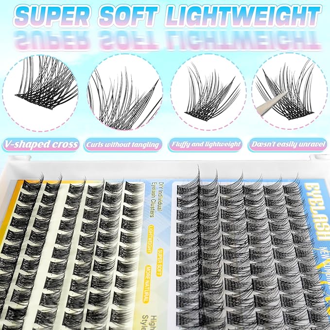 Lash Clusters Kit 288pcs, Natural Wispy DIY Eyelash Lashes Clusters Extensions Kit, 10-18mm D Curl with Lash Glue, Brush Tweezer