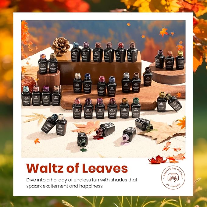 beetles Gel Polish Set - Waltz of Leaves Collection, 36 Trendy Colors Spring & Valentines Brown Orange Colors Gel Polish Set With Base and Glossy Matte Glitter Top Coat Soak Off UV Led Holiday Nails