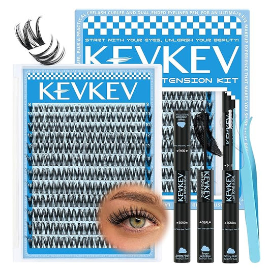 KEVKEV Lash Clusters Kit 144pcs Flora Lashes Clusters 8-18mm Lash Extension Kit Thin Band Eyelash Extension Kit Lash Clusters with Lash Bond and Seal Eyelash Clusters Kit DIY Lash At Home(Kit-K03)