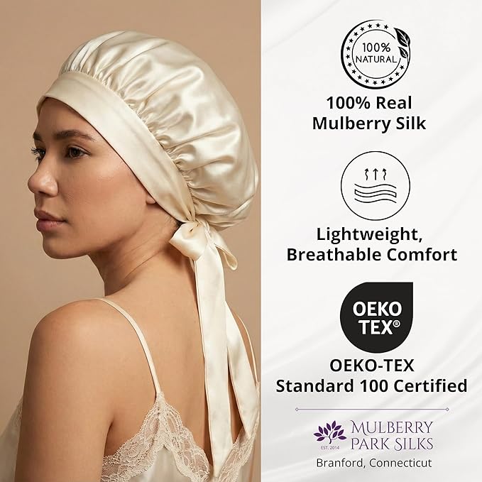 100% Mulberry Silk Hair Sleep Bonnet - Reversible Sleep Bonnet for Women, Wide Band Adjustable Tie, Night Cap for Curly Hair