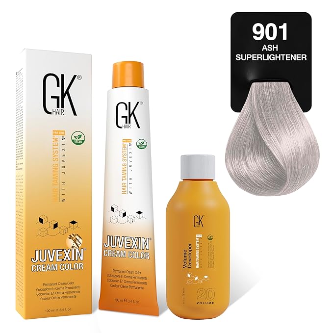 GK HAIR Global Keratin SuperLighteners 901 Ash Hair Color Cream Tube (3.4 Fl Oz/100ml) + 20 Volume Developer (5 Fl Oz/150ml) - Professional Permanent Long Lasting Toner Dye