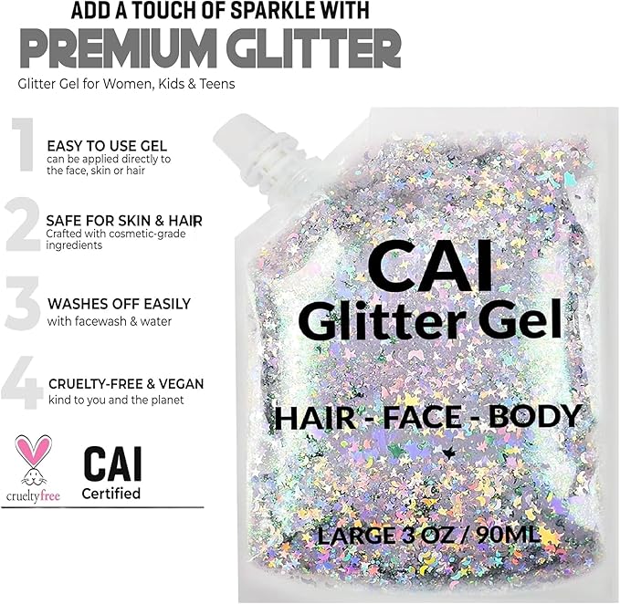 Face, Body & Hair Glitter Gel – Halloween Glitter for Kids and Women – 3 Oz Cosmetic-Grade Gel w/Moon & Stars for Festivals & Halloween Party, Easy Apply & Wash Off - Silver 1Pack