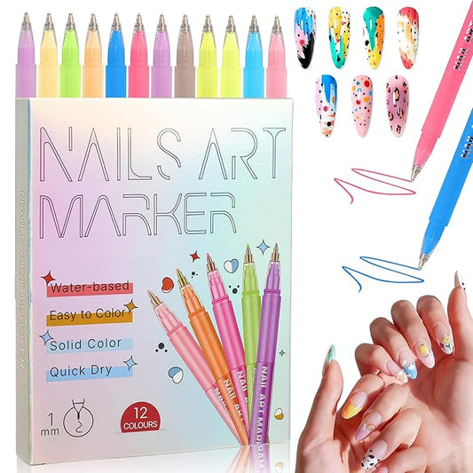 12 Colors Nail Art Pens Set, 2026 Upgraded Nail Art Markers Polish Pen Quick Dry, 0.5 MM Nail Polish Pens Set, Waterproof and Quick-drying Nail for DIY Nails Art Design Manicure Tools