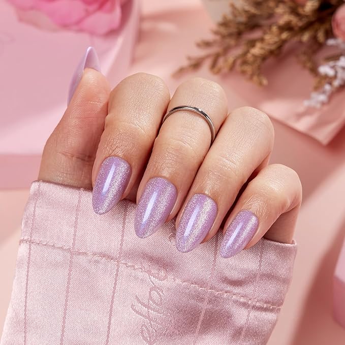 VSALON Press on Nails Short Almond - Purple Cat Eye Glitter Nails Kit for Women, Lilac Valentines Opaque Gel Fake Nails with Glue & Cuticle Oil - 32 PCS Stick On Nails in 16 Sizes (Iris)