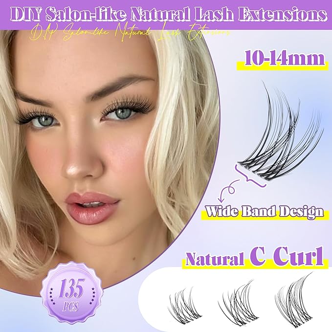 ALICE Natural Lash Extension Kit Lash Clusters Kit Wispy Cluster Eyelash Extension Kit with 135pcs Clear Band C-Curly 10-14mm Eyelash Clusters Lash Glue Bond and Seal