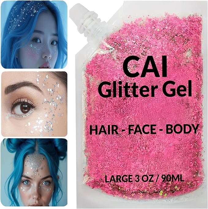 Face, Body & Hair Glitter Gel – Halloween Glitter for Kids and Women – 3 Oz Cosmetic-Grade Gel w/Moon & Stars for Festivals & Halloween Party, Easy Apply & Wash Off - Pink 1Pack