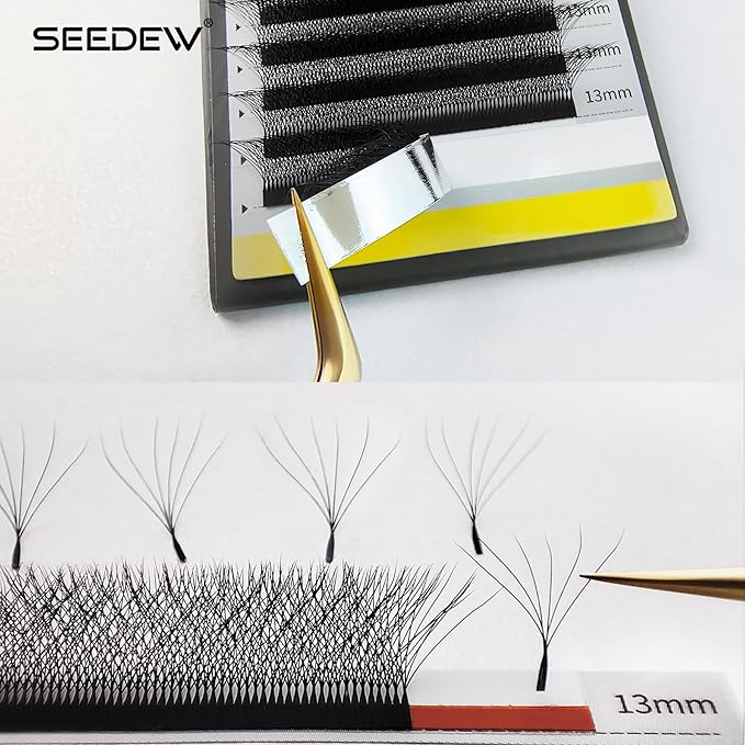 SEEDEW 6D Lash Extensions, 0.07mm D Curl 10mm 12 Rows/Tray, W Shape Flat Stem, Korean PBT Mega Volume False Eyelashes Grafting for Beginner Artist, Lash Tech, Beauty Salon(6D-Matte Black-0.07-D-10mm)