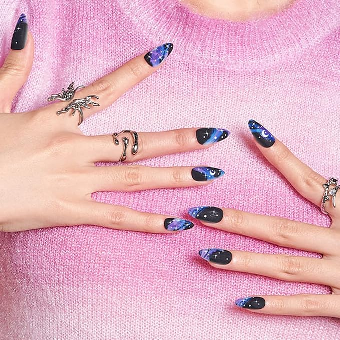 GLAMERMAID Black Press on Nails Medium Almond, Dull Blue Ombre Crush Nails, Galaxy Star Design Stiletto Fake Nails, Short Oval Stick Glue on Nails Tips for Women, Reusable Acrylic False Nail Kits