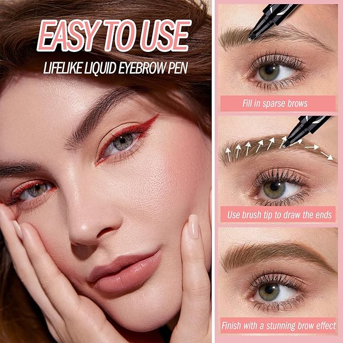 Eyebrow Pen, 3D Multi-Forked Eyebrow Pencils for Women, Waterproof Liquid Brow Pencil with Angled Brow Brush for Hair-Like Strokes, 24hrs Long Lasting Quick Dry Touch-Up Eyebrow Pen, Easy to Use- #04