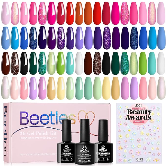 beetles Gel Nail Polish Set - 36 Colors Verse of Flower Gel Nail Kit Pink White Black Red Purple Blue Yellow Gel Polish Colors & 3Pcs Base Top Coat Soak off UV Home Salon Valentines Gift for Women