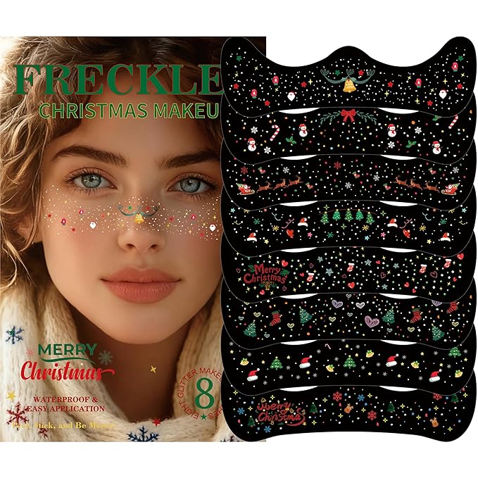 8Pcs Makeup Patchesfor Christmas,Face Glitter Patches,Glitter Freckles Face Tattoo, Sparkle Makeup Patches,Glow Up Makeup Patches,Waterproof Face Glitter Patches for Festivals and Crazy Party