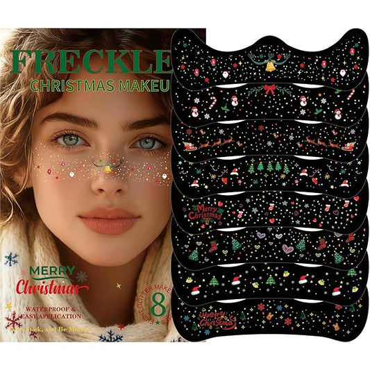 8Pcs Makeup Patchesfor Christmas,Face Glitter Patches,Glitter Freckles Face Tattoo, Sparkle Makeup Patches,Glow Up Makeup Patches,Waterproof Face Glitter Patches for Festivals and Crazy Party