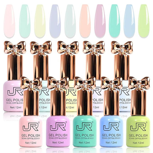 JR 10pcs 12ml HEMA Free Gel Nail Polish Set Including Red Pink Nude Gel Polish Kit UV LED Soak Off Polish Home DIY Gift C Model