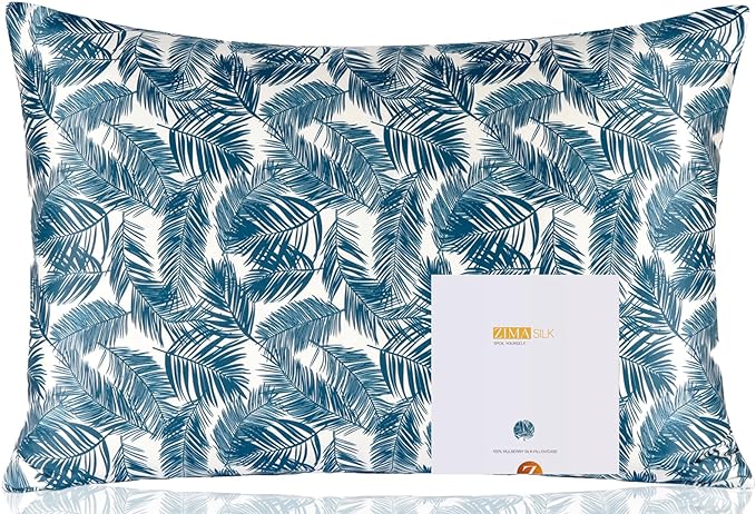 ZIMASILK 100% Pure Mulberry Silk Pillowcase for Hair and Skin Health,Both Sides 19 Momme Silk Floral Print,1pc (Standard 20''x26'',Blue Leaves)