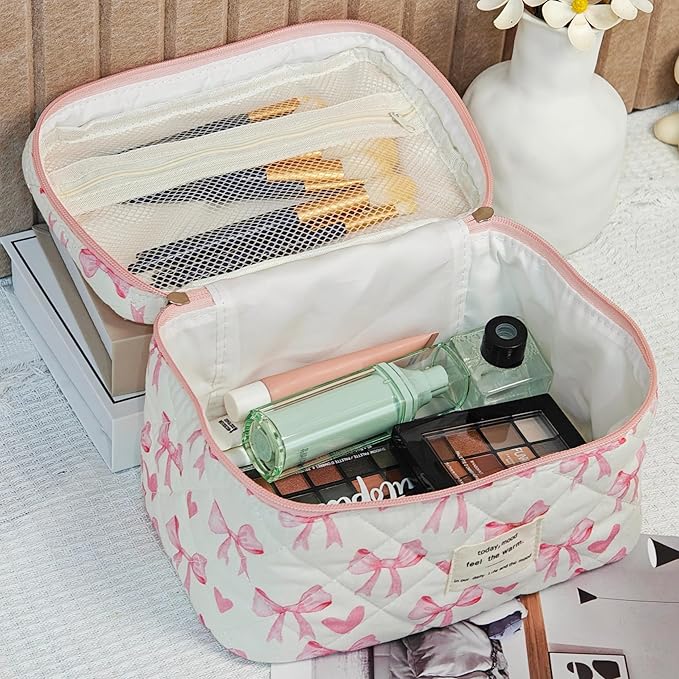 Makeup Bag, 3 PCS Quilted Makeup Bag, Cute Floral Cotton Cosmetic Bag set, Coquette Makeup Pouch Large Travel Toiletry Bag