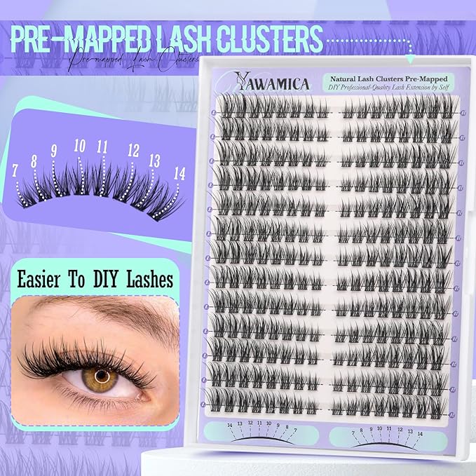 Yawamica Natural Lash Clusters Cat Eye Lash Extension 7-14mm Wispy Eyelash Clusters C Curly Individual Lashes Pre-mapped Cluster Lashes Left Right Cluster Eyelash Extensions DIY Lashes Natural Look