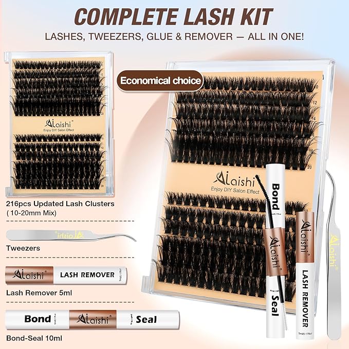 AILAISHI Lash Clusters Kit, DIY Cluster Eyelash Extensions 10‑20mm, 80D+100D, 216pcs Fluffy D Curl Natural Lashes with Bond & Seal,Remover,Tweezers – Fake Cat Eye Individual Clusters