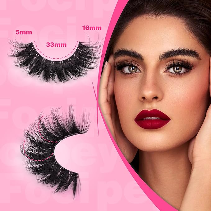 Focipeysa D Curl Lash Fluffy Volume Eyelash Thick False Eyelashes 16mm Lashes 8D Faux Mink Lash Dramatic Strip Eyelash Pack Lash that Look Like Extension 7 Pairs