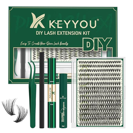 KEYYOU Lash Extension Kit DIY 300Pcs Lash Clusters Eyelash Extension Kit 40D C Curl 9-18MIX Lash Clusters Kit with Lash Glue Remover Applicator Easy to Use for Beginners(Kit,40D-C,9-18MIX)