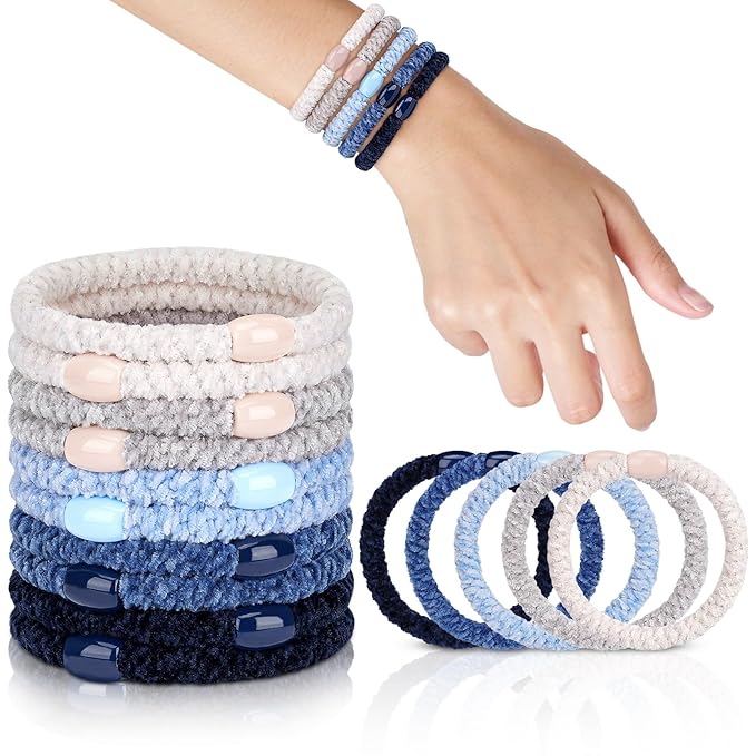 Braided Hair Ties No Damage, 10 Pcs Soft Plush Hair Bands for Women's Hair, Bracelet Hair Elastics & Ponytail Holders for Thick Hair - Light Blue