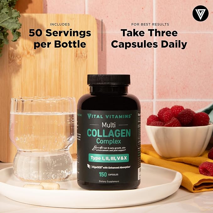 Vital Vitamins Multi Collagen for Women & Men - Type I, II, III, V, X - Grass Fed, Non-GMO - 150 Capsules