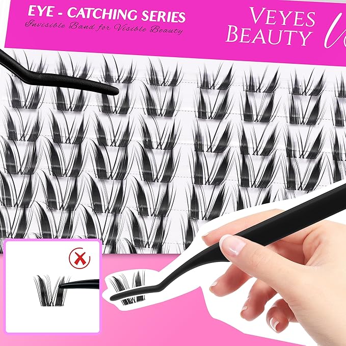 VEYESBEAUTY Bunny Lash Clusters Kit Individual Lash Extensions Eye-Catching Series DIY Dramatic Eyelash Wispy Faux Mink Lash Mixed Length Tray with Bond & Seal, Applicator at Home