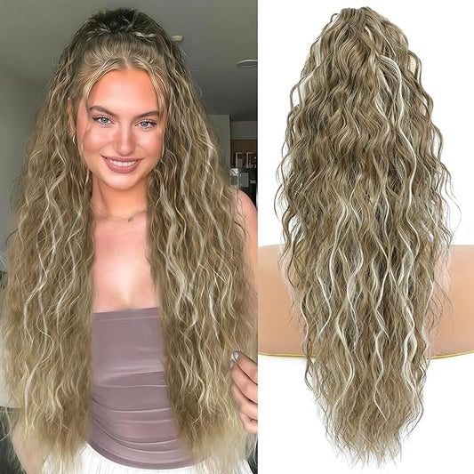 Ponytail Extension, Claw Clip on Pony tails Hair Extension for Women 22 Inch Long Wavy Curly Fake Ponytail Clip in Hair Pieces for Women Fluffy Natural Looking (Flax Brown with white Highlights)