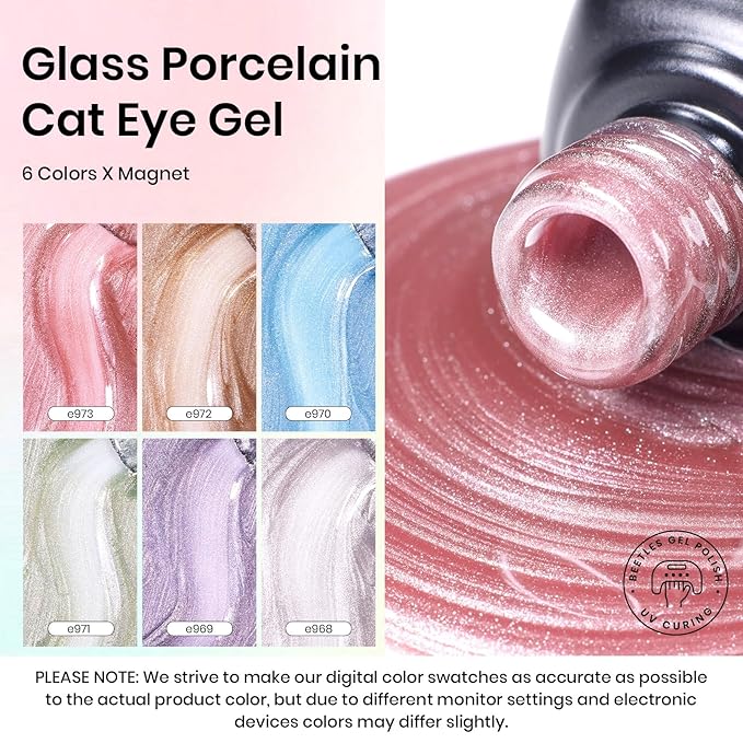 Beetles Cat Eye Gel Nail Polish Set, 6 Colors Jelly Pink Translucent Pastel Blue Purple Orange Green Glass Cat Eye Sheer Gel Polish Kit Soak Off UV Lucite Collection Manicure Gifts for Women