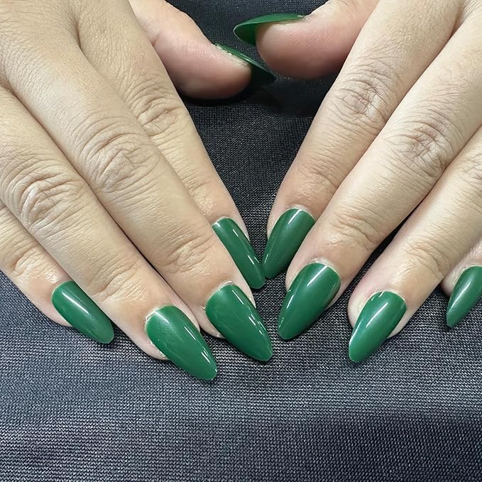 JONKASIPA Press On Nails (Short) - Dark Green Press-On Nails, French Oval False Nails with Nail Glue, Reusable Stick-On Nails, 24 Pcs Nail Set