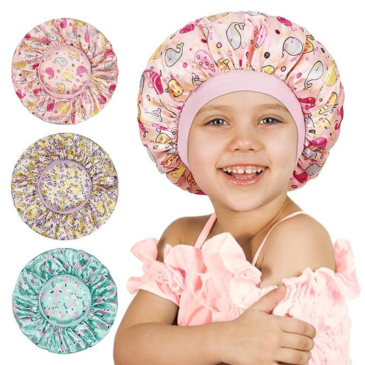 3 Pcs Bonnet for Kids, Kids Bonnets for Girls, Satin Silk Hair Bonnet for Sleeping, Soft Wide Band Sleep Cap for Curly Hair Braids for Teens Child Toddler