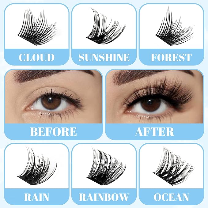 Cluster Lashes GEMERRY Lash Clusters Fluffy Individual Lashes Two Styles Eyelash Clusters Wide Stem Soft Wispy Eyelash Extension Clusters DIY at Home(Forest/Ocean-0.07-D-8-16MIX)