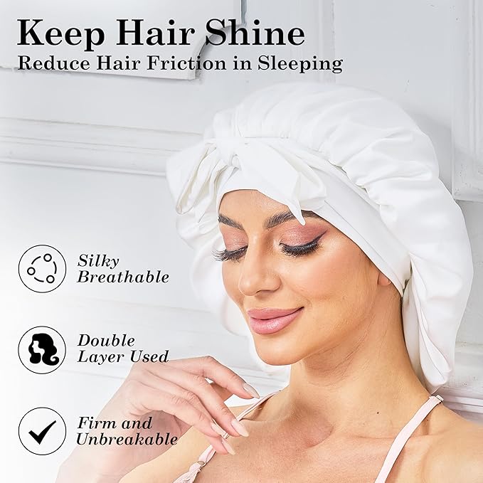 Silk Satin Bonnet for Sleeping Hair: Women Sleep Night Wrap Cap for Straight Wavy Curly Coily Kinky Natural Hair Head by Tie Band - Pure White Dould Side