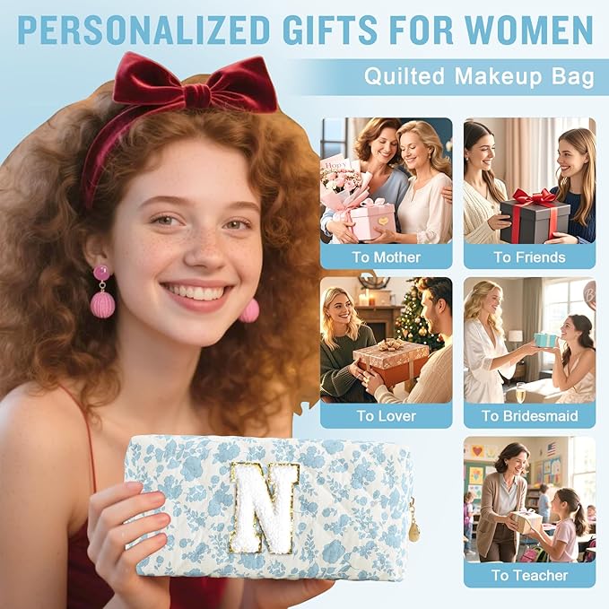 Personalized Quilted Cosmetic Bag, Puffy Monogrammed Christmas Birthday Gifts for Women & Girls, Cute initial Floral Makeup Bag Puffer Coquette Bag, Aesthetic Travel Toiletry Zipper Pouch(Blue,N)