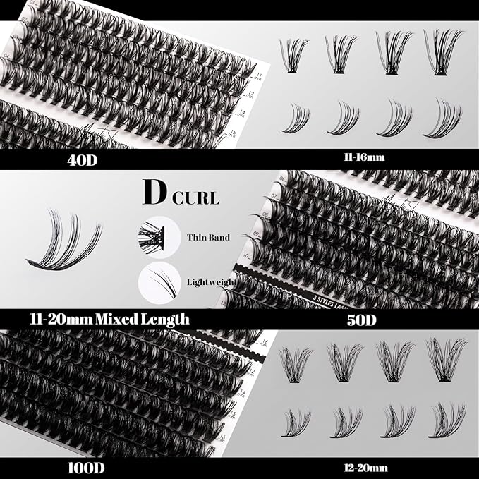 DIY Lash Extensions Kit 320pcs Individual Lashes Clusters 40D 50D 100D Eyelash Extension Kit with Applicator and Lash Bond+Seal, Lash Remover For False Eyelash Mix 11-20mm (40D+50D+100D KIT)