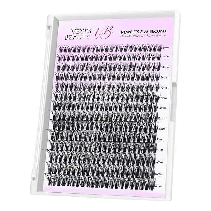 VEYESBEAUTY Lash Clusters Individual Eyelash Extensions Thin & Invisible Band DIY False Eyelashes for Self-application Newbie's Five-Second Series Wispy Lash Tray, Ribbon 8-16mm Mixed Length
