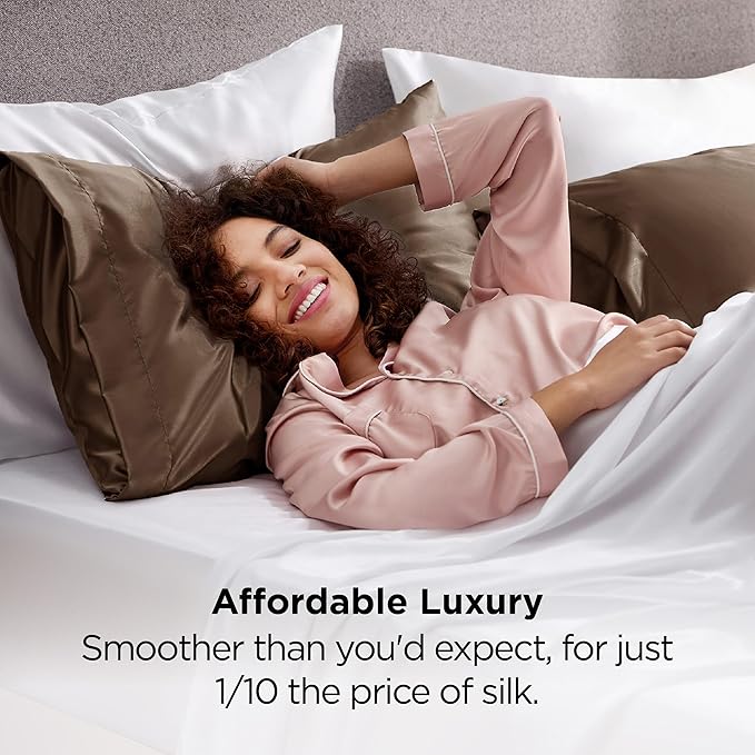 Bedsure King Size Satin Pillowcase Set of 2 - Brown Pillow Cases for Hair and Skin with Envelope Closure, Similar to Silk Pillow Cases, Gifts for Women Men, 20x36 Inches, 2pcs