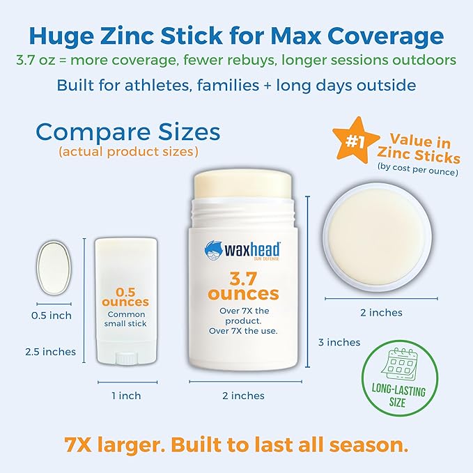 Waxhead Zinc Oxide Sunscreen Stick SPF 30, 4-Ingredient Mineral Sunscreen for Face & Body, EWG 1, Reef Safe Non-Nano, Baby & Kids Sensitive Skin, Water Resistant Sport Tattoo Sunblock, 3.7 oz