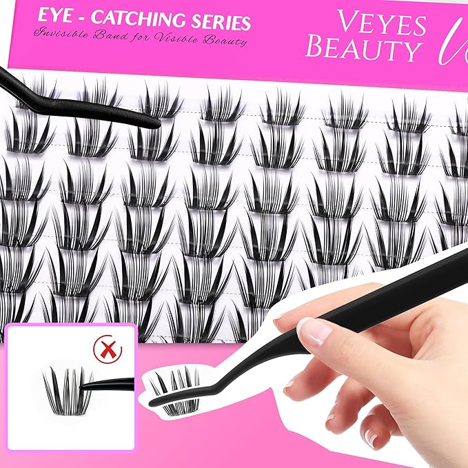 VEYESBEAUTY Crown Lash Clusters Kit Individual Lash Extensions Eye-Catching Series DIY Dramatic Eyelash Wispy Faux Mink Lash Mixed Length Tray with Bond & Seal, Applicator at Home