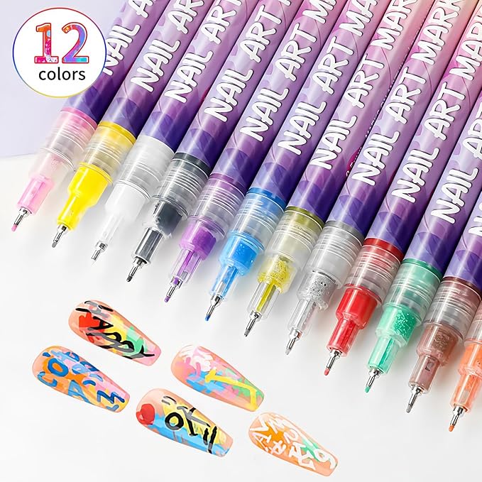 12 Colors Nail Art Pens Set, 0.5mm Fine Tip Nail Art Marker for DIY Nail Designs, Water-Based Quick Dry Nail Drawing Pens, Multi-Color Nail Painting Liner Pens for Manicure Beginners & Nail Artists