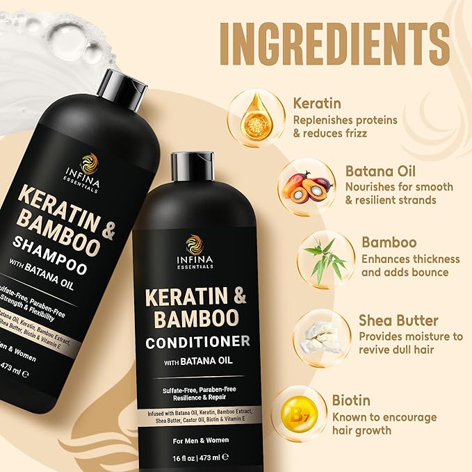 INFINA ESSENTIALS Keratin Shampoo and Conditioner Set | 16 fl oz Each | with Batana Oil & Bamboo Extract | Controls Frizz, Strengthens, Nourishes, & Adds Shine for Smoother Hair