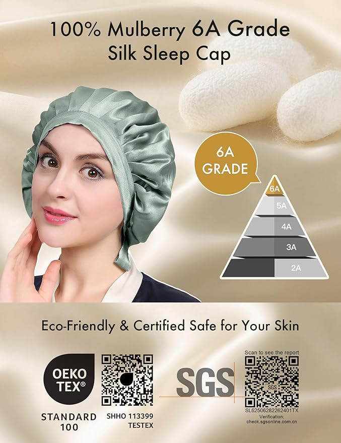 LilySilk 100% Mulberry Silk Bonnet Flat Front Silk Night Sleep Cap Adjustable Hair Wrap for Sleeping, Avocado Green