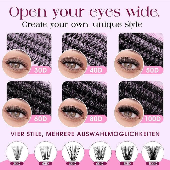 Lash Clusters 30D+40D+50D+60D+80D+100D Wispy Individual Lashes D-Curly Volume Lash Extensions 10-16mm Natural DIY Cluster Lashes for Beginners