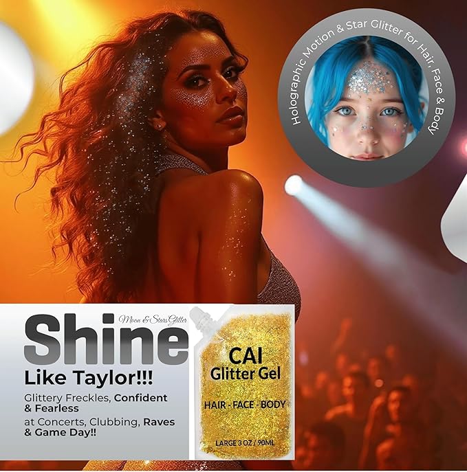 Face, Body & Hair Glitter Gel – Halloween Glitter for Kids and Women – 3 Oz Cosmetic-Grade Gel w/Moon & Stars for Festivals & Halloween Party, Easy Apply & Wash Off - Silver/Gold 2Pack