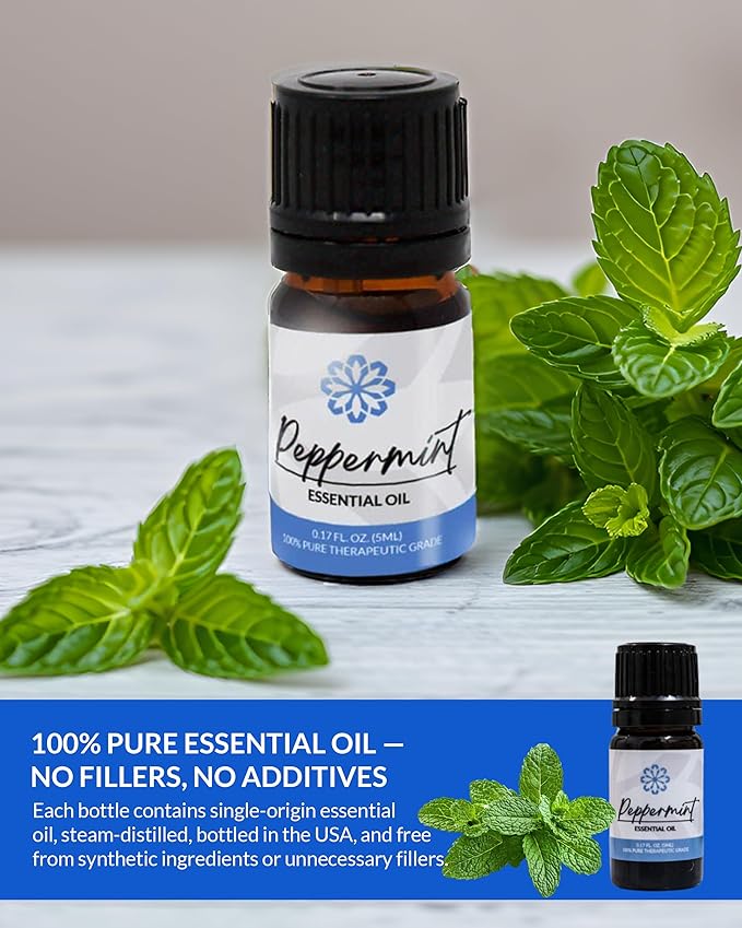 Essence Peppermint Essential Oil – 100% Pure & Therapeutic Grade – Perfect for Aromatherapy, Diffusers & Recharging Essence Nasal Diffuser Rings – Natural Stress & Mood Support (5mL)