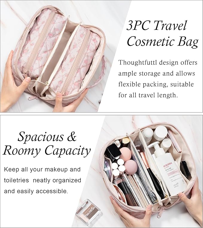 Travel Makeup Bag, 3 Pcs Large Capacity Puffy Toiletry Bag for Women, Open Flat Make up Cosmetic Organizer w/Handle & Clear Divider Water-resistant Portable Pouch Travel Essentials, M-Green Floral