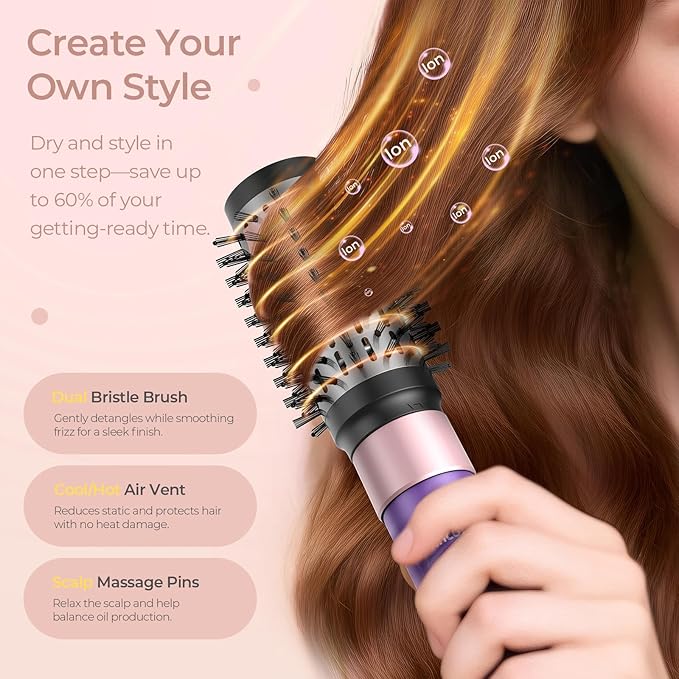 Vincofy 7-in-1 Hair Dryer Brush and 1500W Hair Styler Set – Fast Drying, Curling, Straightening & Volumizing – Hot Air Styling Tool with No Heat Damage – for All Hair Types – Purple