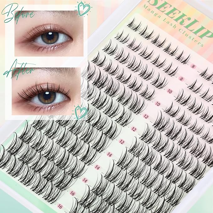 Lash Clusters Manga Individual Deer Lashes with Clear Band Spiky Natural C Curl 120PCS 8-16MM Mixed Eyelash Extensions for DIY Doe Eyed Japan Korean Anime Eyelash Clusters at Home (Thorns)