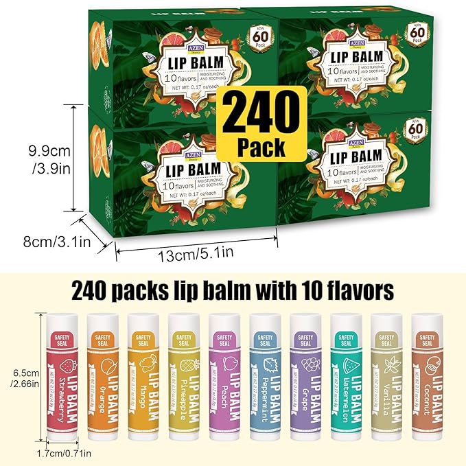 AZEN 240 Pack Lip Balm, Natural Lip Balm Bulk, Lip Care Product, Christmas Stocking Stuffers, Christmas Gifts for Women Girls - 10 Flavors