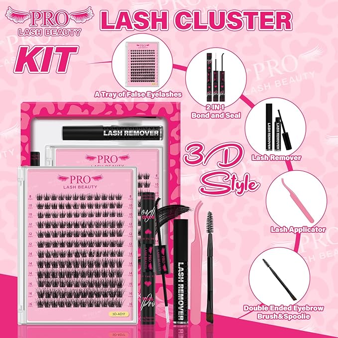 Lash Clusters Kit 3D Style Eyelash Clusters Kit with Lash Bond and Seal Eyelash Applictor Lash Remover for Beginner Waterproof Resuable Eyelash Extensions at Home (Attraction-3D,8-16mix)